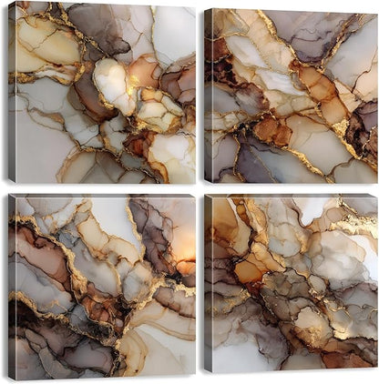 Gold Abstract Canvas Wall Art Marble Paintings Wall Decor Modern Fluid Texture Pictures for Walls Modern Home Decor Luxury Posters for Living Room Bedroom Office Artwork Decorations 12x12” 4 Pcs