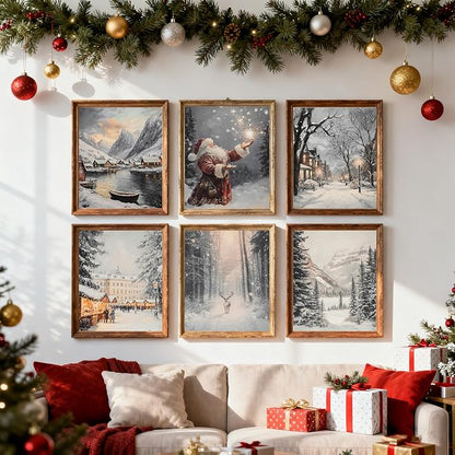 Vintage Christmas Wall Art Prints – Winter Holiday Posters with Santa, Snowy Village, Reindeer & Forest Scene, Rustic Christmas Decorations for Living Room, Bedroom & Fireplace – 8×10 Unframed