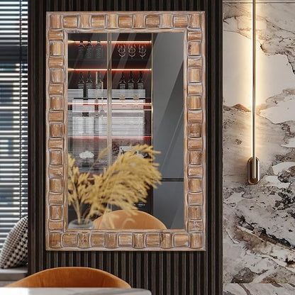 36x24 Inch Rustic Rectangle Wall Mirror - Solid Wood Frame Bathroom Vanity Mirror for Over Sink, Entryway, Living Room & Bedroom