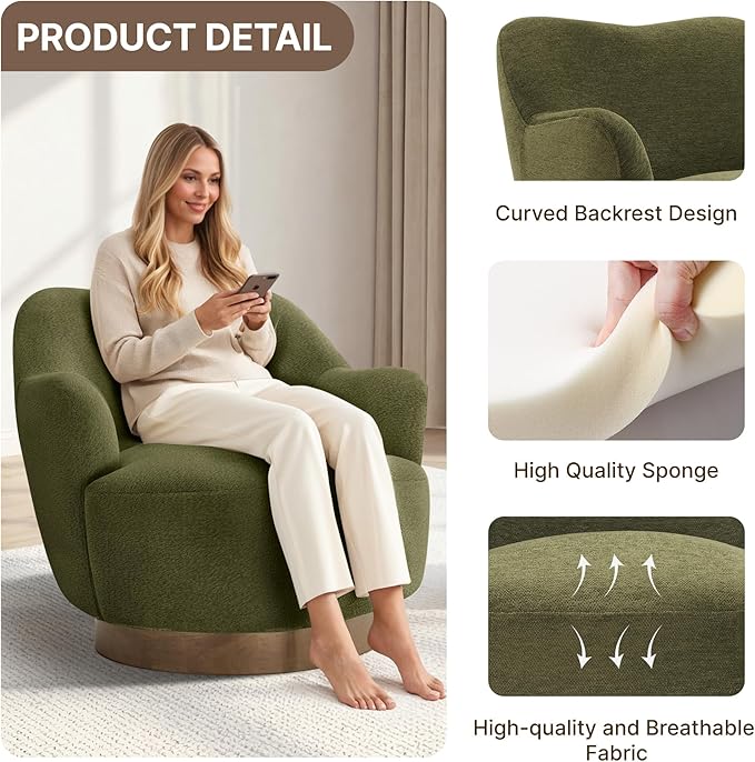 Swivel Accent Chair,Upholstered Barrel Chair with Curves Camel Back Design,Modern Arm Chair with Wooden Base for Living Room Bedroom Reading Waitingroom,Green
