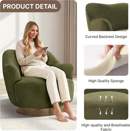 Swivel Accent Chair,Upholstered Barrel Chair with Curves Camel Back Design,Modern Arm Chair with Wooden Base for Living Room Bedroom Reading Waitingroom,Green