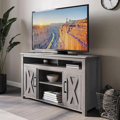 BELLEZE Modern 48 Inch Barn Door Wood TV Stand & Media Entertainment Center Console Table for TVs up to 50 Inches with Two Open Shelves and Cabinets - Corin (Gray Wash)