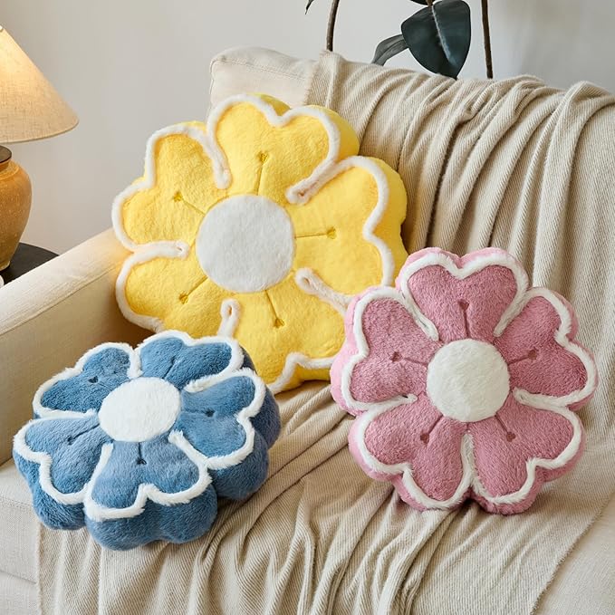 Flower Shaped Decorative Throw Pillow Cushion for Bed Couch, Cute Flower Plush Throw Pillows Home Decor Floor Pillow Seating Cushions (Yellow, 17.7 Inches)