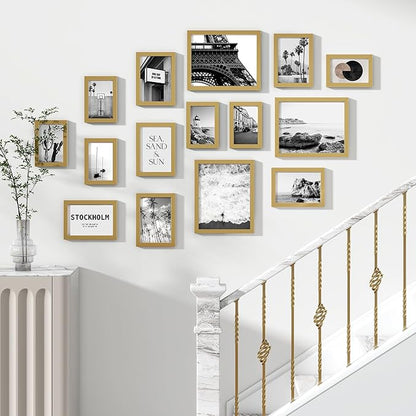 Venusmiles 15 Pack Picture Frames Collage Wall Decor, Gallery Frame Set for Wall Mounting or Tabletop Display, Multi Sizes Including 3pcs 8x10, 6pcs 5x7, 6pcs 4x6, Gold