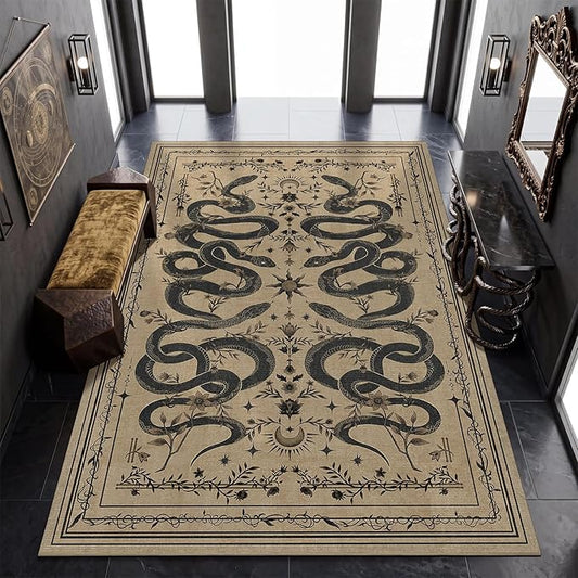 Garvee Snake Gothic 6x9 Area Rug Dark Whimsical Moody Witchy Unique Soft Thin Large Carpet for Living Room Bedroom Dining Room Playroom Indoor Decor Low Pile TPE Backing Taupe