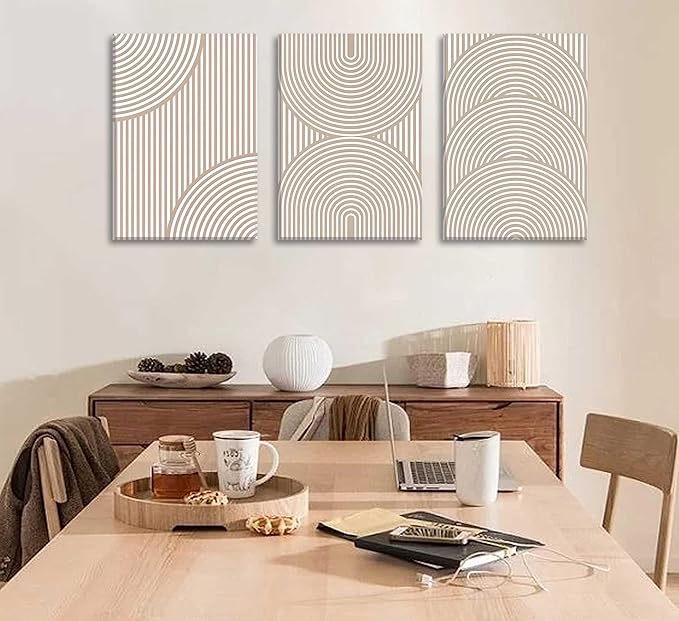 3Pcs Beige Neutral Canvas Wall Art Boho Minimalist Line Paintings Abstract Beige and White Line Wall Decor Mid Century Geometric Posters Prints for Living Room Bedroom Office Art Pictures Framed