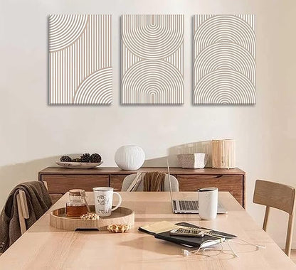 3Pcs Beige Neutral Canvas Wall Art Boho Minimalist Line Paintings Abstract Beige and White Line Wall Decor Mid Century Geometric Posters Prints for Living Room Bedroom Office Art Pictures Framed