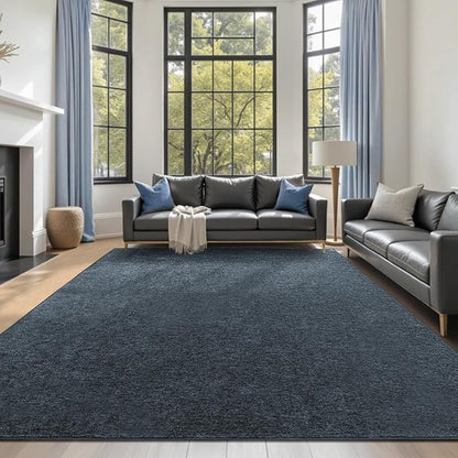 FinRèc 8x10 Washable Area Rugs for Bedroom Living Room, Low Pile Thin Rug Solid Color, Non-Slip Carpet Indoor for Home Decor (Grey Blue/White)