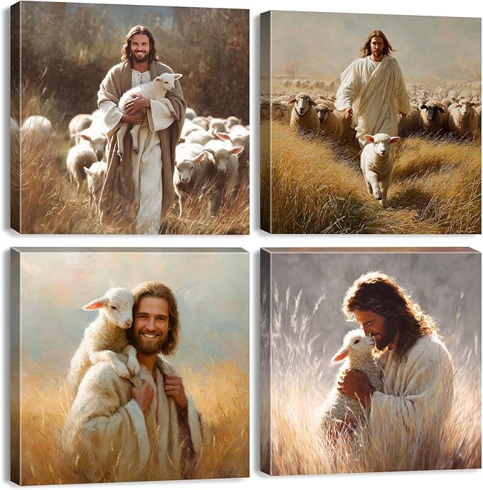 Jesus and Lamb Wall Art Set of 4 Christian Wall Decor Running After Lost Lamb Pictures Canvas Prints Vintage Jesus Theme Paintings Christ The Good Shepherd Artwork Home Decorations 12x12”