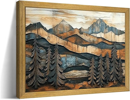 Vintage Boho Mountain Wall Art, Framed Landscape Canvas Wall Art, Nature Forest Wall Decor, Rustic Farmhouse Print Poster Painting for Living Room Bedroom Dining Room 8x10 Inch