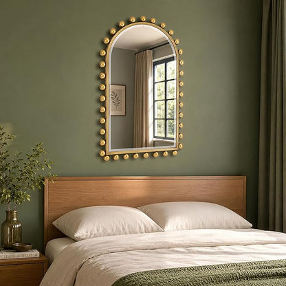 24x36 Inch Arched Wall Mirror with Antique Gold Ball Frame, Beveled Arched Decorative Wall Mirror, Vintage Gold Accent Mirror for Living Room, Entryway, Bedroom, Hallway & Over Console Decor