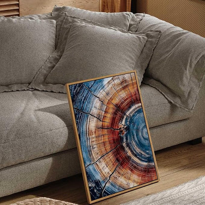 BingruiArt Framed Tree Ring Wall Art Blue and Red Boho Wall Decor Nature Print Wood Canvas Rustic Artwork Abstract Painting Modern Picture for Living Room Bedroom Bathroom 16"x24" Natural Framed(01)
