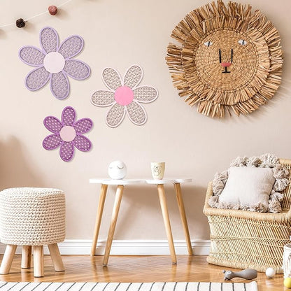 Maitys 3 Pieces Boho Daisy Wall Decor Natural Rattan Flower Wall Hanging Art Wooden Boho Art Nursery Flowers Farmhouse Hanging Decor for Home Office Nursery(Pink, Purple)