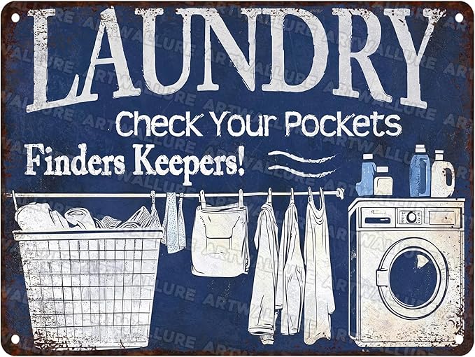 Laundry Vintage Tin Sign Check Your Pockets Metal Sign Funny Laundromat Rules Decor 12x16Inch