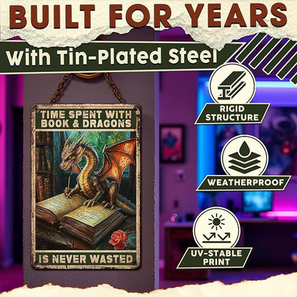 Dragon Metal Tin Sign Vintage Funny Wall Decor Time Spent With Books And Dragons Is Never Wasted Poster For Book Lovers Library Study Office Reading Nook Home Bar 8x12 Inch