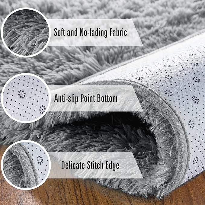 Andecor Soft Fluffy Bedroom Rugs, 6 x 9 Feet Indoor Shaggy Plush Area Rug for Boys Girls Kids Baby College Dorm Living Room Home Decor Floor Carpet, Grey