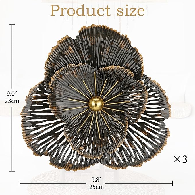 DILATATA 3 Pcs Metal Flower Wall Art Set 10 Inch Rustic Modern Floral Sculpture 3D Metal Flower Wall Hanging Accent for Indoor Living Room Bedroom Kitchen Bathroom Garden Patio Decor - Black