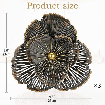 DILATATA 3 Pcs Metal Flower Wall Art Set 10 Inch Rustic Modern Floral Sculpture 3D Metal Flower Wall Hanging Accent for Indoor Living Room Bedroom Kitchen Bathroom Garden Patio Decor - Black