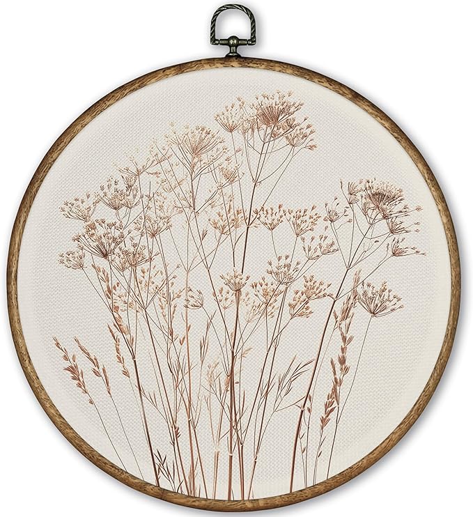 TLESKE Beige Rustic Fall Botanical Round Wall Art Decor, Boho Autumn Wildflower Floral Framed Canvas Prints Wall Art Artwork, Neutral Vintage Wall Hanging Door Decor Decorations for Bedroom Living Room Farmhouse 10x10