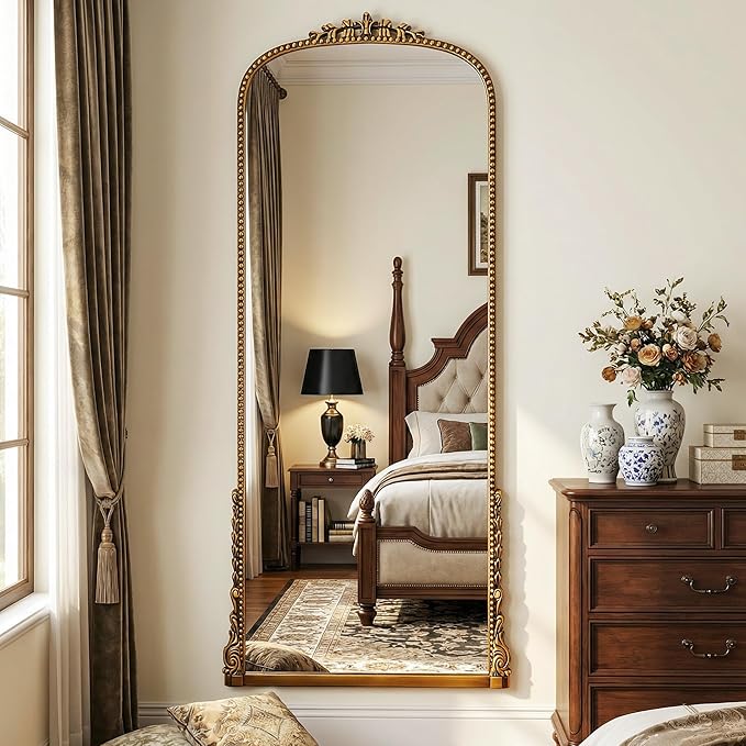 Antok Floor Mirror, 71"×32" Vintage Full Length Mirror Carved Full Body Mirror with Stand, Hanging Mounted for Bedroom Living Room Cloakroom,Gold,Luxury Style
