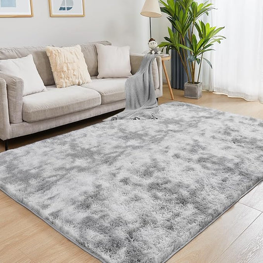 Puremy Fluffy Shag Area Rug, 4x6 Tie-Dyed Light Grey Rugs for Bedroom, Soft Plush Area Rugs for Living Room, Non-Slip Indoor Carpet for Nursery, Study Room, Dressing Room, Home Decor
