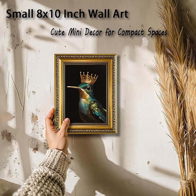 YD&YZY Gold Framed Vintage Wall Art Canvas Hummingbird Birds King Wall Decor Retro Golden Wall Prints Cute Animal Painting Picture Print for Bedroom Living Room Bathroom 8x10 inch Small Framed