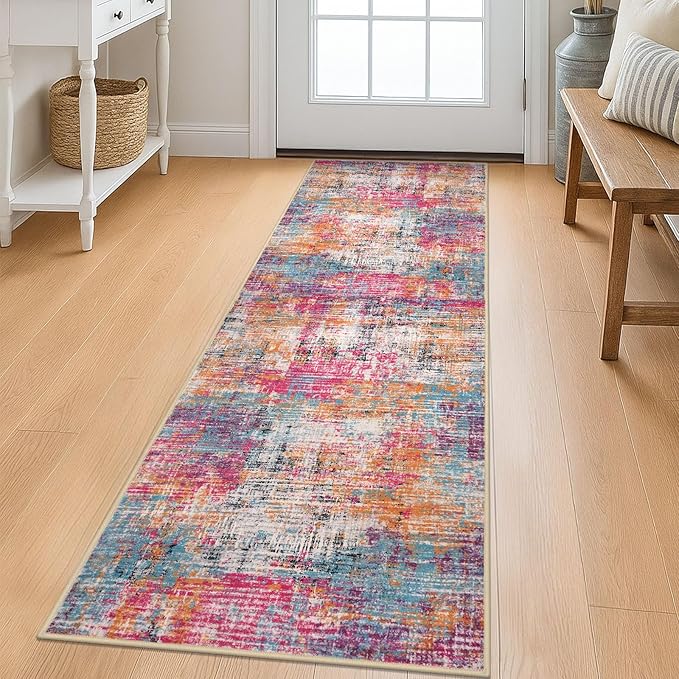 KILOCOCO Modern Abstract Runner Rug 2x6 ft Washable Hallway Runner Rug Non Slip Soft Pinted Kitchen Runners for Hallways Entryway Bedside Laundry Room Floor Runners, Pink/Orange/Blue