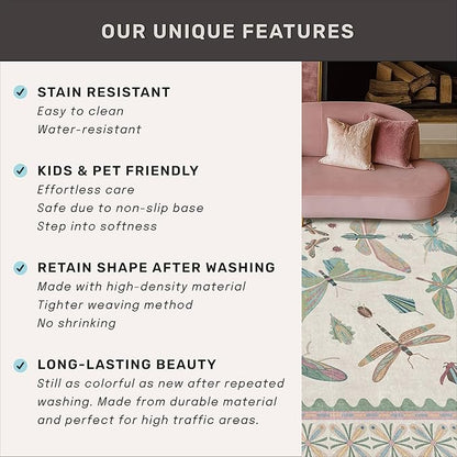Insect Light Green 5ft Round Area Rug for Living Room - Washable Floral Fun Kids Rugs for Bedroom, Playroom, Boho & Butterfly Design - Low Pile Soft Circle Carpet