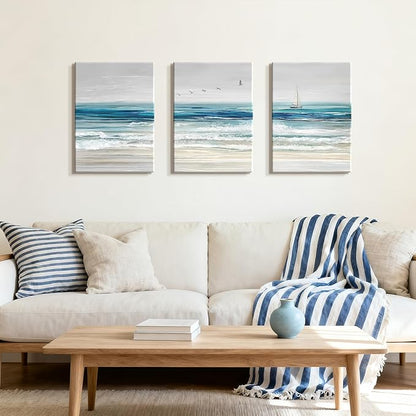 WENGTIAO Abstract Ocean Wall Art Set of 3 Blue Beach Canvas Paintings Minimalist Coastal Prints Pictures Sail Boat Home Decor Seascape Artwork for Living Room Bedroom Hallway 12”x16”x3Pcs