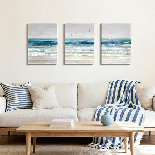 WENGTIAO Abstract Ocean Wall Art Set of 3 Blue Beach Canvas Paintings Minimalist Coastal Prints Pictures Sail Boat Home Decor Seascape Artwork for Living Room Bedroom Hallway 12”x16”x3Pcs