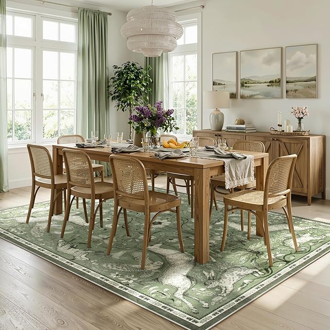 Lahome 8x10 Area Rug for Living Room, Dorval Washable Boho Deer Rug, Vintage Botanical Green Non Slip Low Pile Large Carpet for Bedroom Dining Room Office Nursery Farmhouse Decor