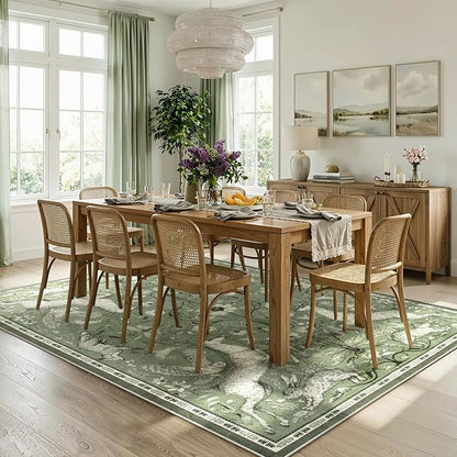 Lahome 8x10 Area Rug for Living Room, Dorval Washable Boho Deer Rug, Vintage Botanical Green Non Slip Low Pile Large Carpet for Bedroom Dining Room Office Nursery Farmhouse Decor
