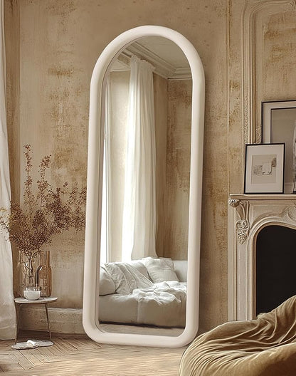 Delma Arched Full Length Mirror, Free Standing Floor Velvet Finish Frame Mirror for Leaning or Hanging, Soft Touch Bedroom & Living Room Decor, Cream White