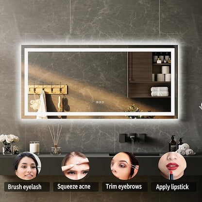 55x26 LED Bathroom Mirror with Lights, Frameless Wall Mounted Vanity Mirror with Front & Backlight, Dimmable Color Temperature, 5mm Copper-Glass, for Bathroom