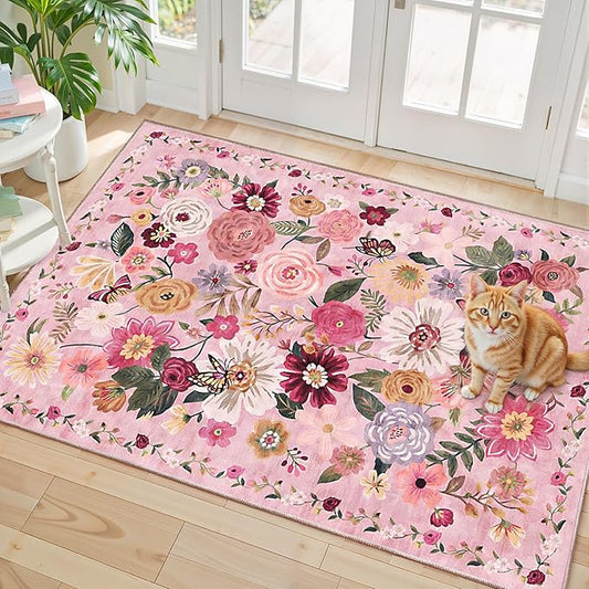 Pink Floral Rug for Entryway, 2X3 Washable Kitchen Mat Ultra-Thin Soft, Non-Slip Indoor Door Carpet Stain Resistant Boho Small Low-Pile Throw for Bathroom Bedroom (2 x 3, Pink Garden)