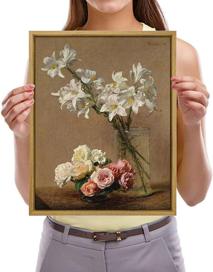 Pyradecor Framed Canvas Wall Art Vintage Decor Coquette Room Decor Roses and Lilies Canvas Prints Classical Floral Painting for Living Room Bedroom Farmhouse Decorations