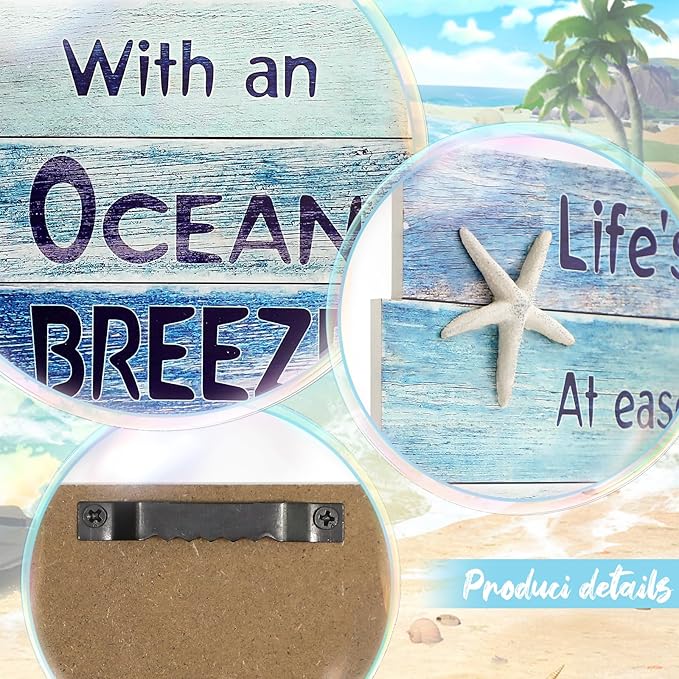Coastal Wall Decor for Home, Beach Wall Art Wooden Hanging Sign with Starfish Element, Perfect Beach Themed Room Decor and Ocean Decor for Bathroom Bedroom Coastal Living Spaces 11.5" x 17"
