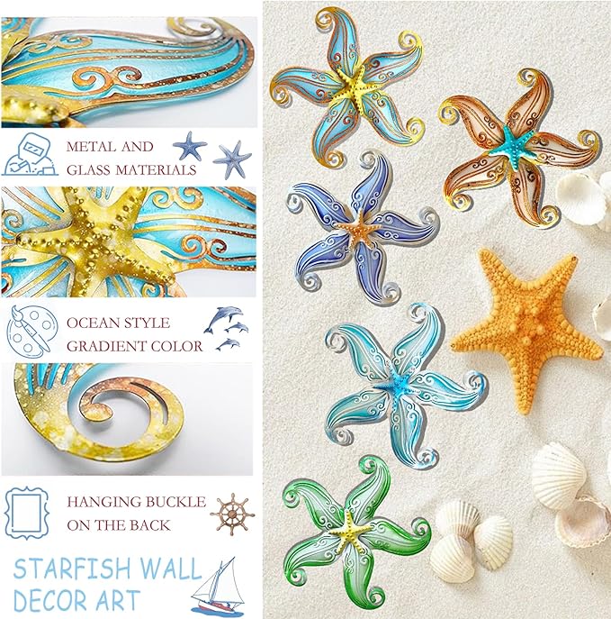 Starfish Outdoor Wall Decor, 12" Hanging Metal & Glass Sculpture for Indoor and Outdoor, Coastal Beach Ocean Gift for Garden Fence Patio(Blue)