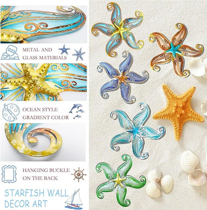 Starfish Outdoor Wall Decor, 12" Hanging Metal & Glass Sculpture for Indoor and Outdoor, Coastal Beach Ocean Gift for Garden Fence Patio(Blue)