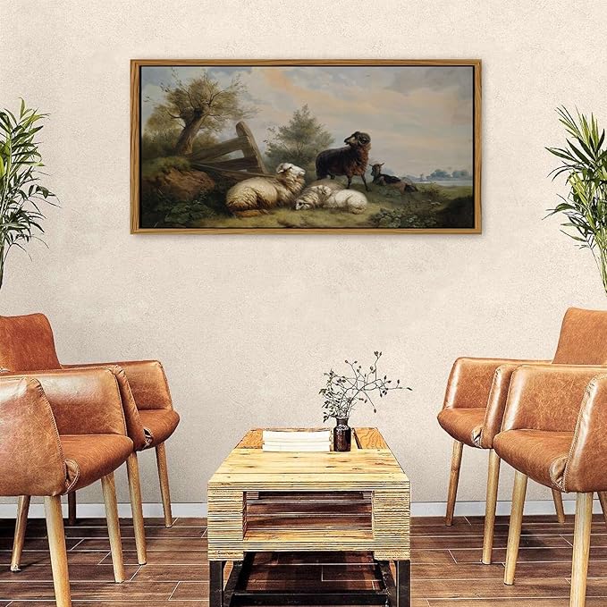 Country Landscape Framed Canvas Wall Art Vintage Sheep Prints Farm Meadow Pasture Scenery Wall Decor Retro Country Animal Trees Painting Countryside Artwork for Bathroom Nursery Home Decoration 24x48