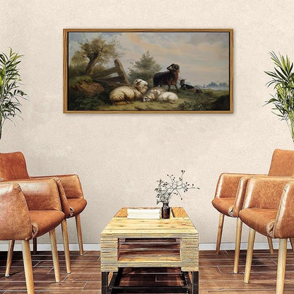 Country Landscape Framed Canvas Wall Art Vintage Sheep Prints Farm Meadow Pasture Scenery Wall Decor Retro Country Animal Trees Painting Countryside Artwork for Bathroom Nursery Home Decoration 24x48