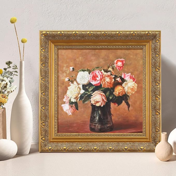 Vintage Gold Frame for 12x12 Canvas Paintings, 2.4” Wide Finished Wood Ornate Frame for Oil Painting Art Prints Landscape Family Portrait, Victorian Antique Gallery Wall Decor(No Glass & Back)