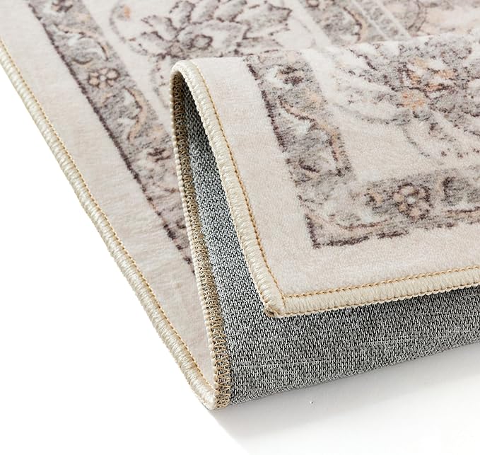 PureCozy 6x9 Area Rug Beige Washable Vintage Carpet Living Room Bedroom Large Non Slip Stain Soft Resistant Low Pile Thin Boho Accent Indoor Throw Rug for Dining Room Office