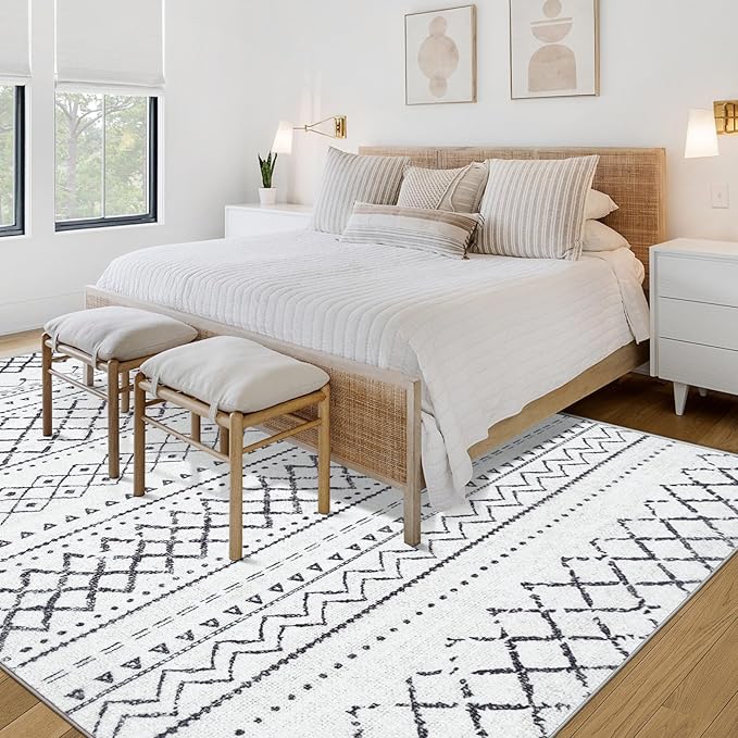 Area Rug for Living Room 9x12: Large Washable Boho Moroccan Rugs Geometric Neutral Rug, Non-Slip Foldable Morden Farmhouse Indoor Floor Carpet for Bedroom Dining Table Home（Black,9'X12'）