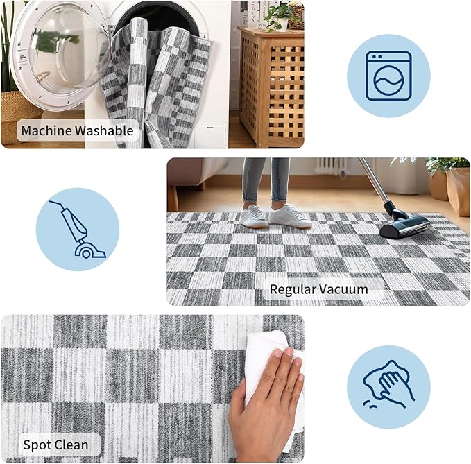 GarveeHome 2.5×10 Kitchen Runner Rug Non Slip,Grey Checkered Rug,Washable Runner Rug for Hallway Soft Low-Pile Geometric Checkerboard Rugs for Entryway Kitchen Dining Room