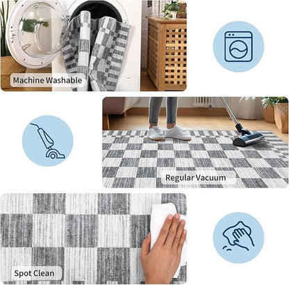 GarveeHome 2×12 Kitchen Runner Rug Non Slip,Grey Checkered Rug,Washable Runner Rug for Hallway Soft Low-Pile Geometric Checkerboard Rugs for Entryway Kitchen Dining Room