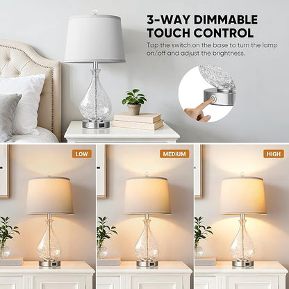 QiMH Glass Table Lamps for Living Room, Bedside Lamps Set of 2 with USB A+C Charging Ports, 3 Way Dimmable Touch Lamps for Nightstand, 22.5" Modern Table Lamp for Bedroom Office, LED Bulbs Included
