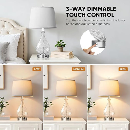 QiMH Glass Table Lamps for Living Room, Bedside Lamps Set of 2 with USB A+C Charging Ports, 3 Way Dimmable Touch Lamps for Nightstand, 22.5" Modern Table Lamp for Bedroom Office, LED Bulbs Included