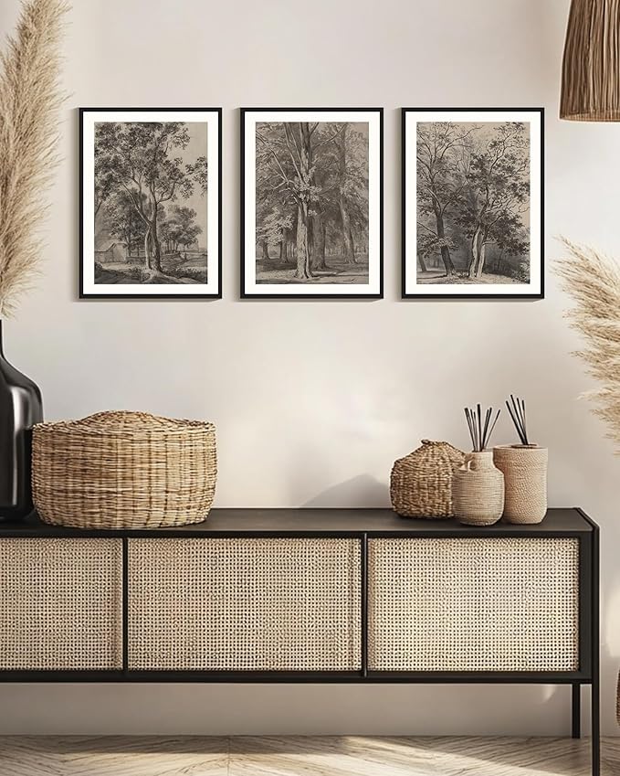 PHOPAGO Vintage Tree Framed Wall Art Retro Forest Wall Decor Nature Wilderness Sketch Paints Modern Bedroom Living Room Decor - 11x14in Black Framed