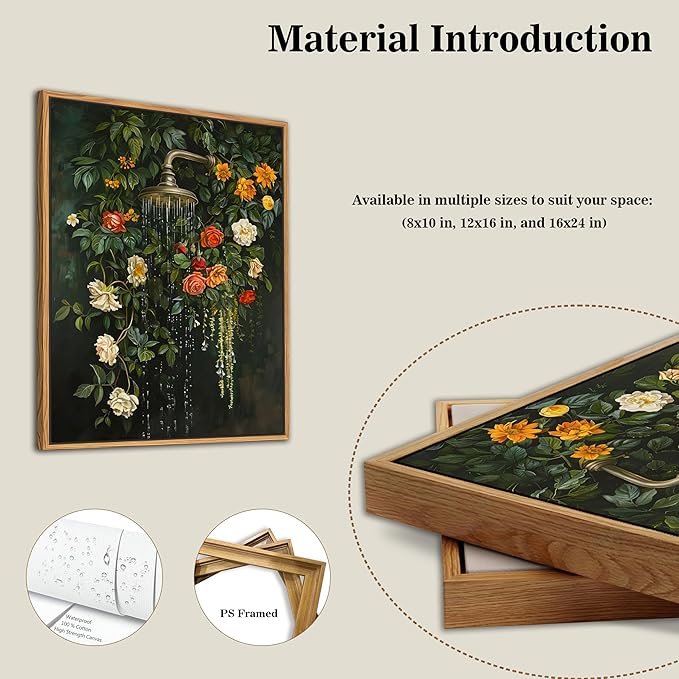 Floating Framed Floral Shower Wall Art, Vintage Botanical Flower Canvas Print, Romantic Garden Roses and Waterfall Painting, Nature Inspired Bathroom Wall Decor for Home Living Room 8x10 inch